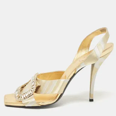 Pre-owned Roger Vivier Two Tone Satin Crystal Embellished Slingback Sandals Size 40 In Gold