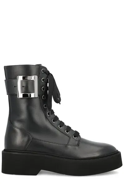 Roger Vivier Viv Rangers Buckle-embellished Lace-up Leather Boots In Black