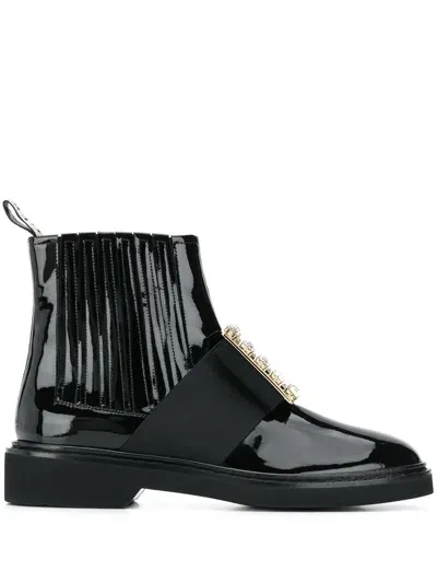 Roger Vivier Viv Rangers Strass Buckle Boots In Black