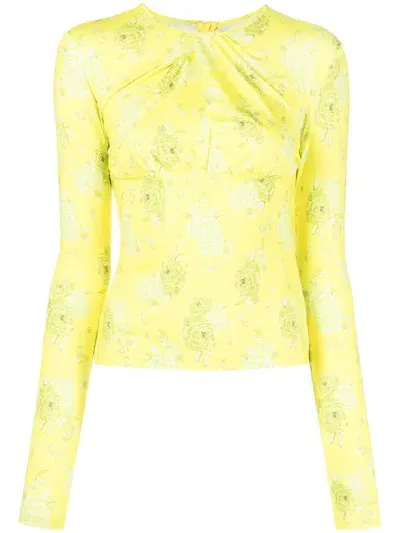 Rokh Twist-detail Rose-print Top In Yellow