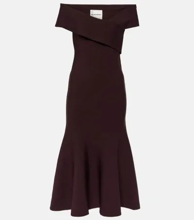 Roland Mouret Asymmetric Off-shoulder Midi Dress In Brown