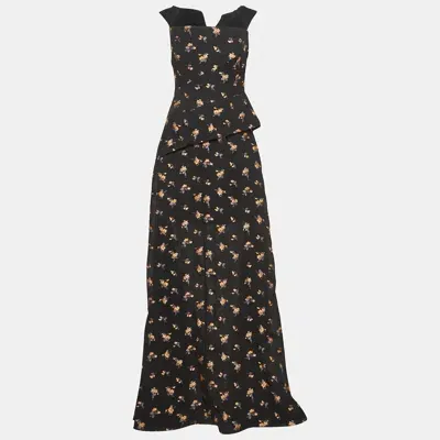 Pre-owned Roland Mouret Black Floral Textured Silk Blend Off Shoulder Heddon Gown M