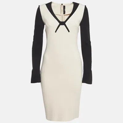 Pre-owned Roland Mouret Cream/black Wool Blend Long Sleeve Mini Dress M In Beige