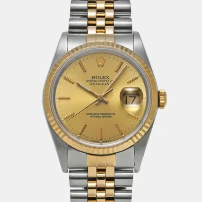 Pre-owned Rolex Champagne 18k Yellow Gold Stainless Steel Datejust 16233 Automatic Men's Wristwatch 36 Mm