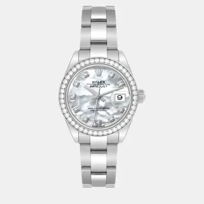 Pre-owned Rolex Datejust Steel White Gold Mother Of Pearl Dial Diamond Ladies Watch 28.0 Mm