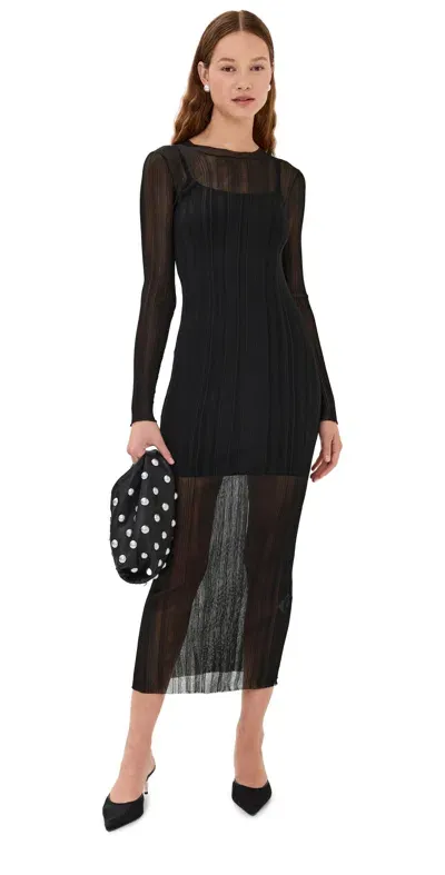 Rosetta Getty Sheer Plissé Long Sleeve Dress Black