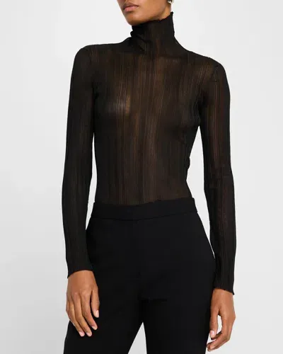 Rosetta Getty Sheer Plisse Turtleneck Top In Black