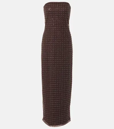 Rotate Birger Christensen Beaded Strapless Maxi Dress In Brown