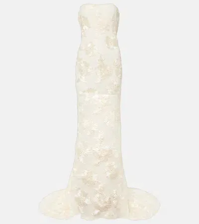 Rotate Birger Christensen Bridal Alberty Floral-appliqué Mesh Gown In Egret