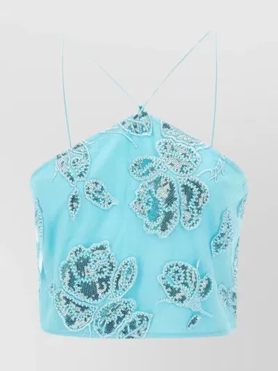 Rotate Birger Christensen Floral-embroidery Crop Top In Light Blue