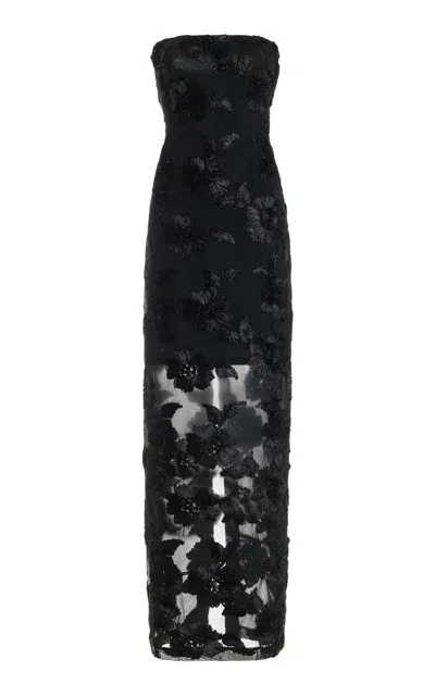 Rotate Birger Christensen Floral Mesh Strapless Maxi Dress In Black