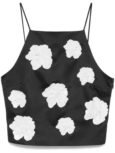 Rotate Birger Christensen Flower Satin Top In Black