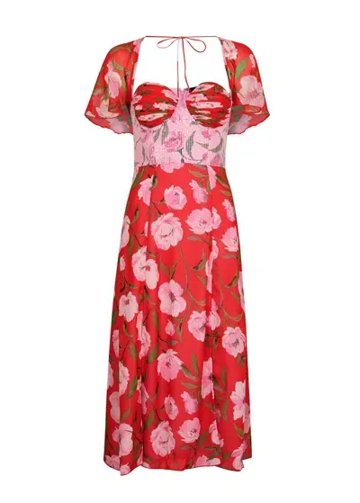 Rotate Birger Christensen Floral-print Sweetheart-neck Stretch Recycled-polyester Midi Dress In Wildeve Prism Pink Comb