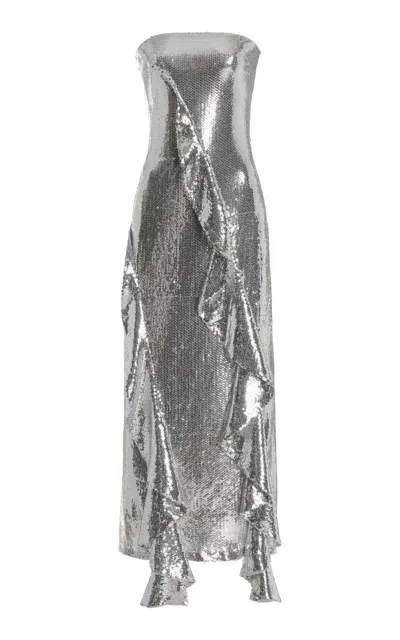 Rotate Birger Christensen Ruffled Sequined Midi Dress In Silver