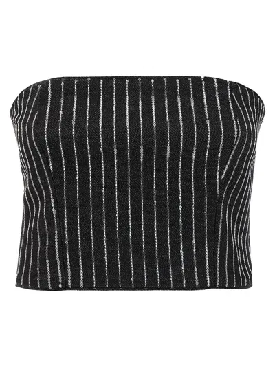 Rotate Birger Christensen Sequin Pinstripe Crop Top In Black