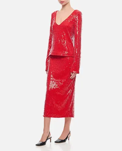 Rotate Birger Christensen Sequins Ls V-neck Top In Red