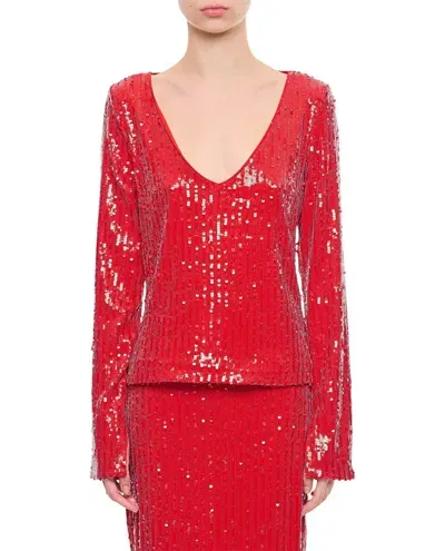 Rotate Birger Christensen Sequins Ls V-neck Top In Red