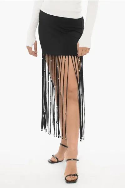 Rotate Birger Christensen Solid Color Miniskirt With Fringes And Stud In Black