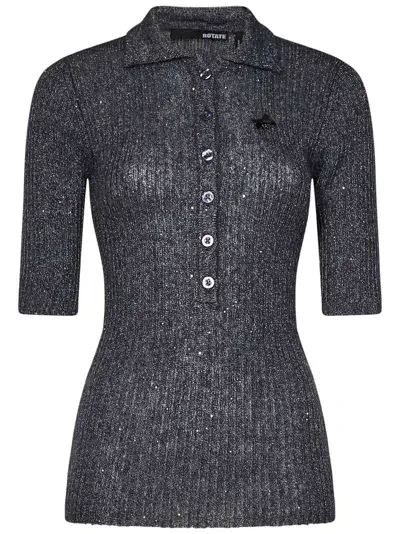 Rotate Birger Christensen Sequin Knit Polo Shirt In Grey