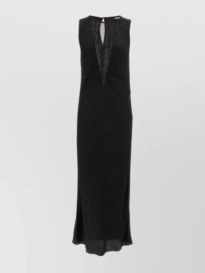 Rotate Birger Christensen Midi Black Dress With Plunging V Neck With Mesh Insert In Viscose Woman