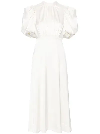 Rotate Birger Christensen Puff-sleeve Satin Midi Dress In White