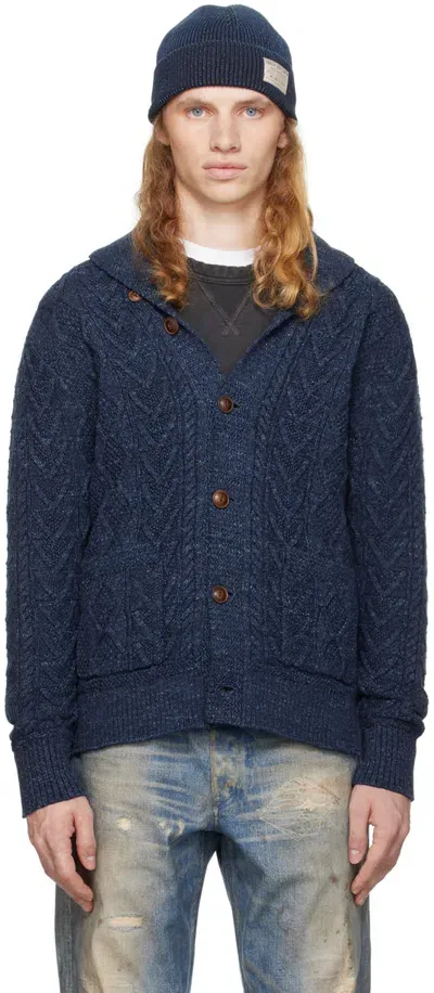 Rrl Navy Aran-knit Cardigan In Navy Heather