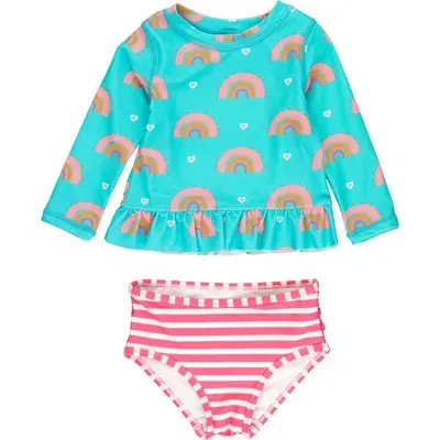 Rufflebutts Baby Girls Upf50+ Long Sleeve Rash Guard Bikini In Catching Rainbows