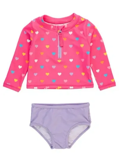 Rufflebutts Baby Girls Upf50+ Long Sleeve Zipper Rash Guard 2-piece In Colorful Hearts