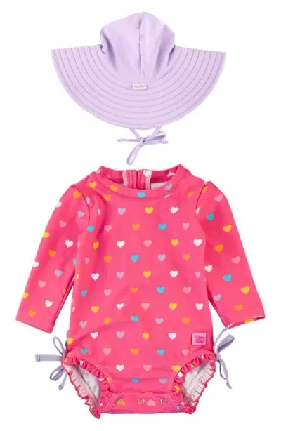 Rufflebutts Babies'  Colorful Hearts One-piece Rashguard Swimsuit & Hat Set In Pink