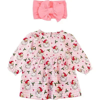 Rufflebutts Babies'  Dear Santa Gingham Print Cotton Jersey Skirted Bodysuit & Headband Set In Pink