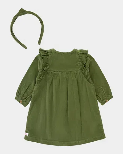 Rufflebutts Kids' Girl's Corduroy Ruffle Dress & Headband Set In Dusty Olive