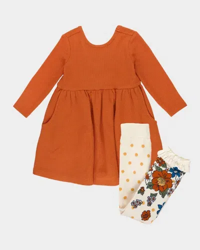 Rufflebutts Kids' Girl's Rust Dress & Harvest Floral Tights Set In Orange