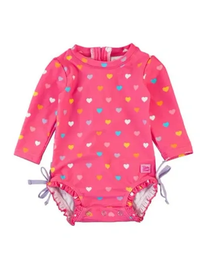 Rufflebutts Baby Girls Long Sleeve Upf50+ One Piece Rash Guard In Colorful Hearts