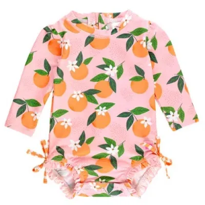 Rufflebutts Babies'  Toddler Girls Long Sleeve Upf50+ One Piece Rash Guard In Orange You The Sweetest