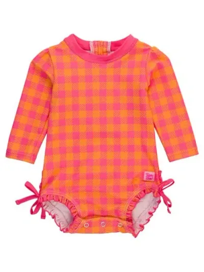 Rufflebutts Baby Girls Long Sleeve Upf50+ One Piece Rash Guard In Sunset Sorbet Gingham