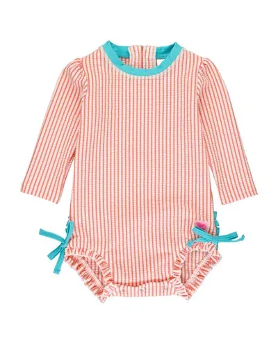 Rufflebutts Babies'  Girls Seersucker Long Sleeve Upf50+ One Piece Rash Guard In Coral