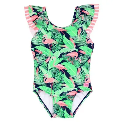 Rufflebutts Kids'  Girls V-back Upf50+ One Piece In Flamingo Frenzy