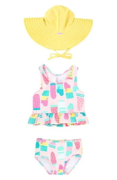 Rufflebutts Babies'  Ice Cream Social Tankini & Hat Set In Pink