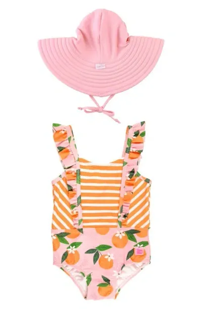 Rufflebutts Babies'  Orange Pinafore One-piece Swimsuit & Hat Set In Multi