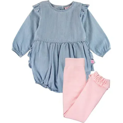 Rufflebutts Babies'  Ruffle Denim Bubble Romper & Tights Set In Light Wash Denim