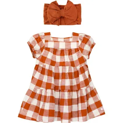 Rufflebutts Babies'  Rust Plaid Tiered Dress & Bow Headband Set