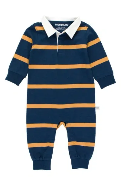 Ruggedbutts Babies'  Stripe Cotton Rugby Romper In Navy & Honey Stripe