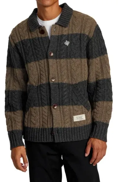 Rvca Chef's Kiss Stripe Lambswool Blend Cardigan In Camel Charcoal