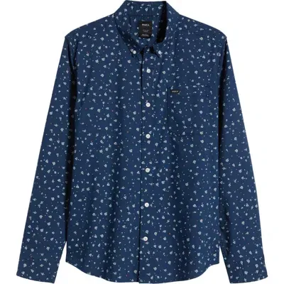 Rvca That'll Do Floral Stretch Button-down Shirt In Dark Denim