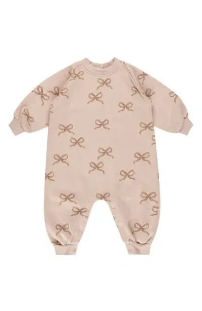 Rylee + Cru Babies'  Bow Print Cotton Blend French Terry Romper In Blush