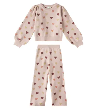 Rylee + Cru Kids' Hearts Jacquard Sweatshirt And Sweatpants Set In Pink