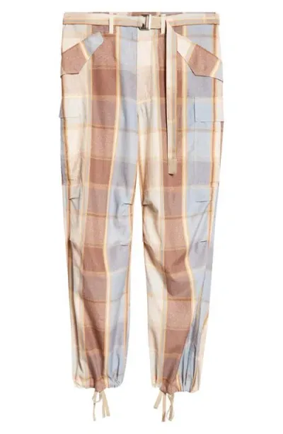 Sacai Belted Plaid Cargo Pants In Brown