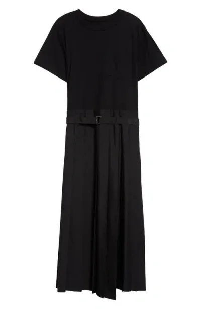 Sacai Belted Poplin & Jersey Midi Dress In Black