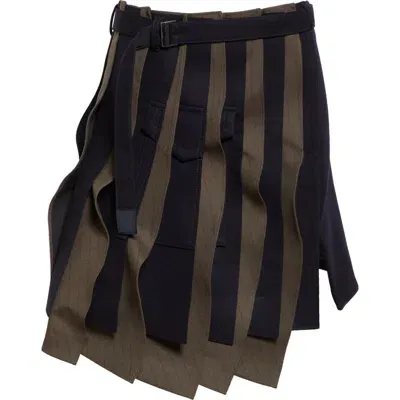 Sacai Asymmetric Pleated Wool Skirt In Brown