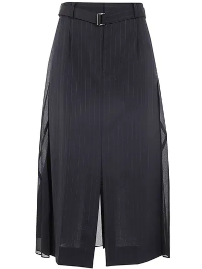 Sacai Pleated Sheer Chalk Stripe Belted Midi Skirt In Blue